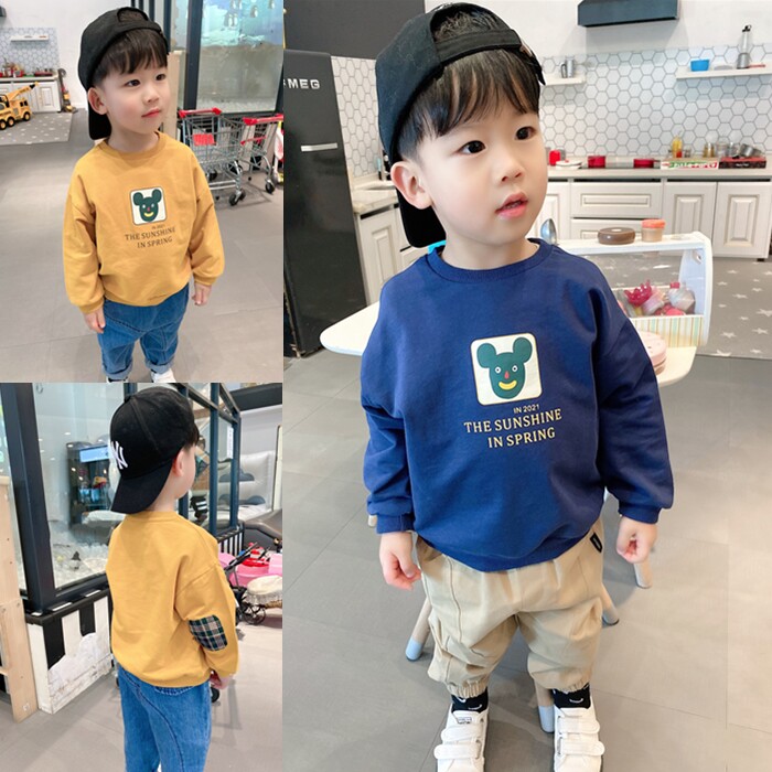 Baby Spring Dress Foreign Pie Collision Color Patched Boy Middle Boy Spring Fall Pure Cotton Cover Head Cartoon Blouse Child Clothing