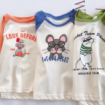 Baby early Autumn thin long-sleeved T-shirt Mens and womens childrens and childrens cartoon plug-in T-shirt top base shirt