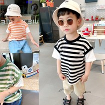 Breathable thin cotton boy fresh stripe short sleeve T-shirt 2021 summer children fake two coat tide