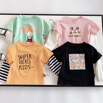 Baby 2020 autumn long-sleeved T-shirt mens and womens childrens childrens cartoon round neck fake two-piece top tide