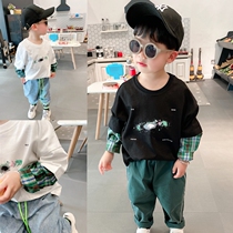 Boy fake two-piece long sleeve T-shirt 2021 Spring childrens clothing Children Baby Spring Autumn foreign atmosphere casual top tide