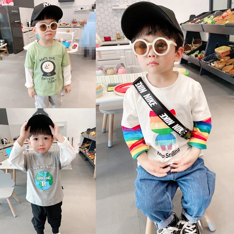 Boy spring rainbow sleeves fake two t-shirt small and medium children's baby spring and autumn clothes cartoon long sleeve blouses for undershirt
