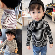Baby autumn and winter elastic turtleneck base shirt Men and women children infants and children plus velvet striped T-shirt warm top
