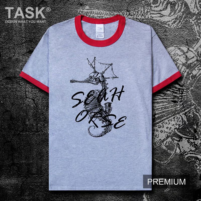 TASK Marine Seahorse Summer gốc lớn Mã bông ngắn tay áo thun nam và nữ Casual Hip-Hop trên 0007