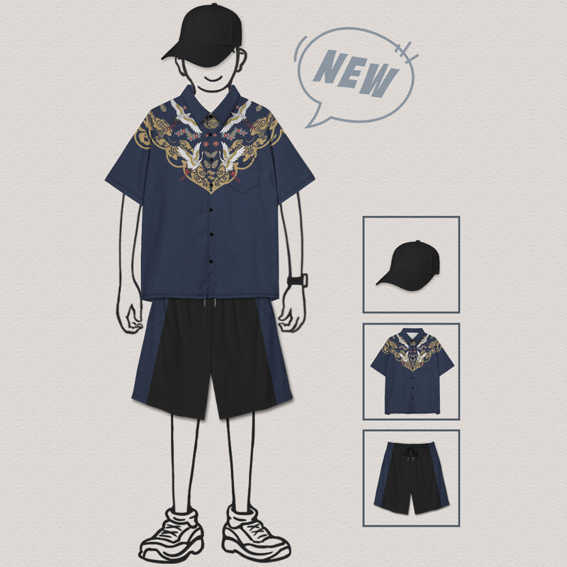 Crane and Dragon Pattern Traditional Culture Official Attire National Trend Short-Sleeved Shirt Unisex Chinese Style Suit Summer 000g Design Unbounded