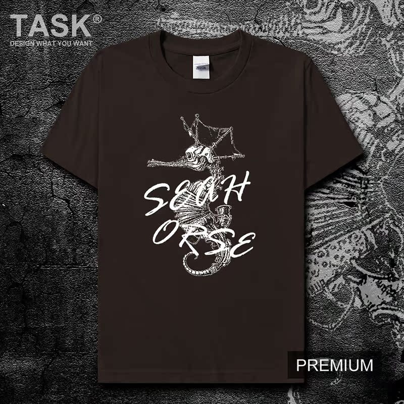 TASK Marine Seahorse Summer gốc lớn Mã bông ngắn tay áo thun nam và nữ Casual Hip-Hop trên 0007