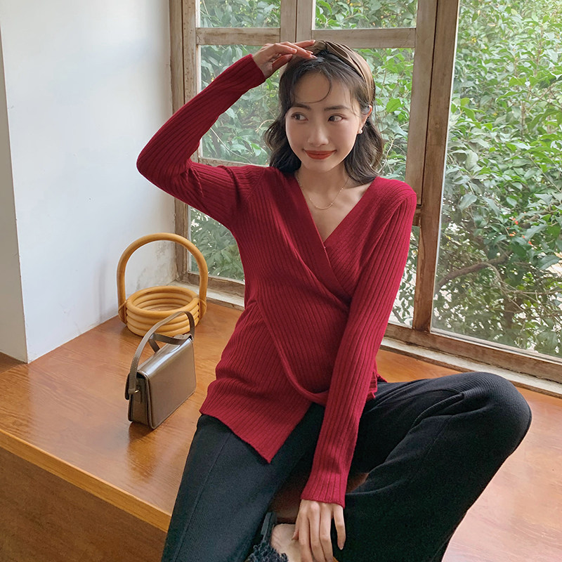Nala homemade ◆ maternity V-neck chic knit top Spring and Autumn design sense niche leggings can be breastfed