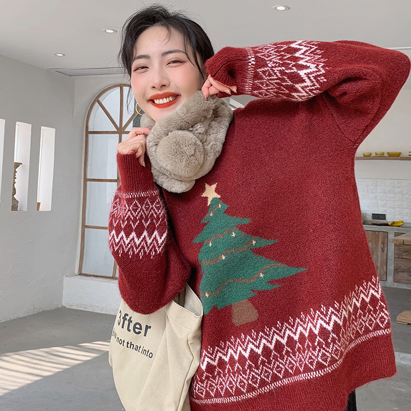 ◆Nara homemade◆ Pregnant woman Christmas tree red sweater loose autumn winter lazy wind design sensation of the niche tops