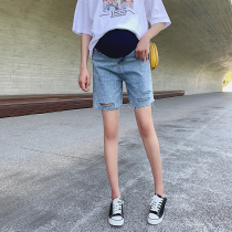 Pregnant womens five-point shorts jeans womens straight tube broken hole thin 2021 new spring and summer riding pants tide mother