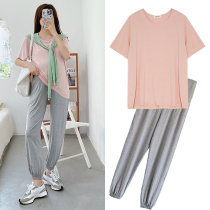 Nora Homemade Pregnant Women Summer Thin Haren Pants ankle-length pants Loose Cord Modal Casual Pants T-shirt Set