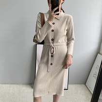 Pregnant womens knitted dress lapel Korean version of medium length skirt with small black dress long skirt with coat inside French tide