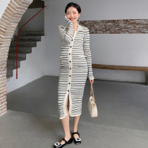 Naira homemade Pregnant Pregnant Woman Sashimi Striped Dress Early Spring Foreign Air Display Slim long sleeves Less Casual Knit Dress