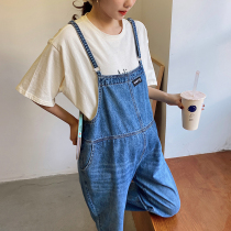 Pregnant women denim strap pants 2021 Spring and Autumn new casual pants straight pants tide mother suspenders loose fashion trousers