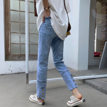 Pregnant women jeans personality pants breasted spring and autumn 2021 New chic belly tide mother thin pipe pants tide