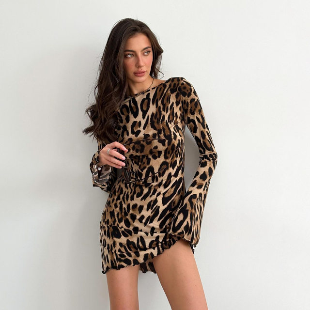 European and American Autumn Leopard Print Backless Long Sleeve Dress
