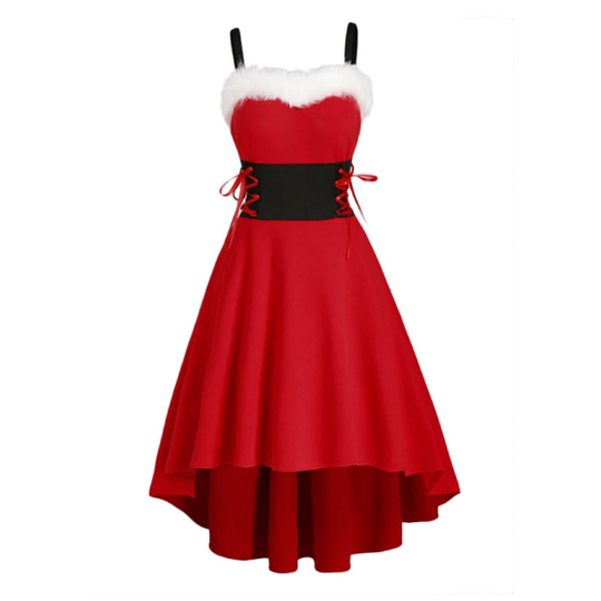 欧美毛毛领拼色系带收腰圣诞新年聚会派对系吊带修身不规则连衣裙