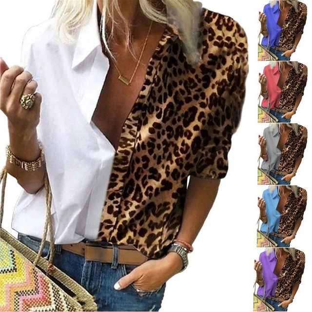 Large size women's POLO collar leopard print stitching straight loose casual long-sleeved chiffon shirt trendy S-5XL