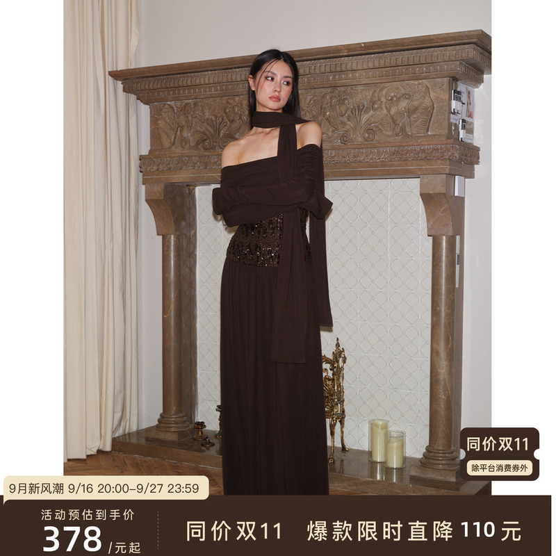 J Thechosen "Twilight Galaxy" One-Shoulder Sequin Long-Sleeve Scarf Two-Piece Dress Long Skirt J Thechosen "Twilight Galaxy" One-Shoulder Sequin Long-Sleeve Scarf Two-Piece Dress Long Skirt