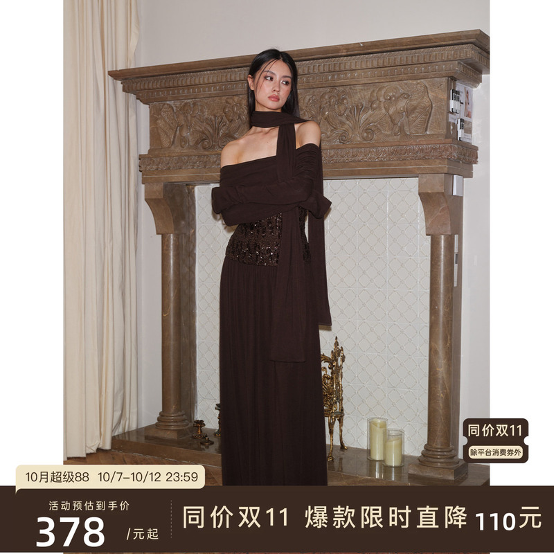 J Thechosen "Twilight Galaxy" One-Shoulder Sequin Long-Sleeve Scarf Two-Piece Dress Long Skirt