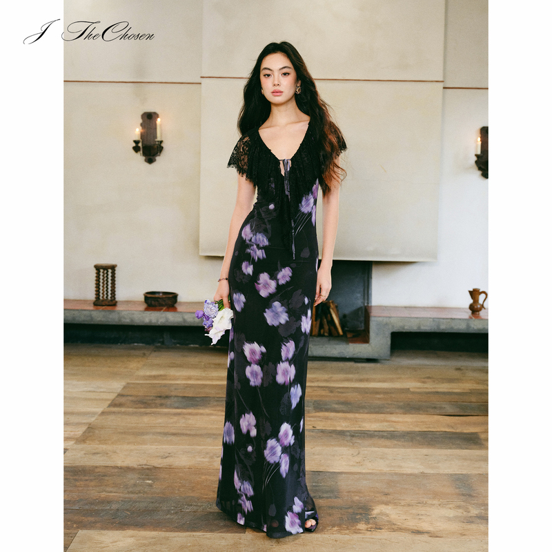 J Thechosen "Midsummer Night's Dream" Deep V-Neck Lace Tie-Dye Floral Mesh Slim-Fit Dress Long Skirt J Thechosen "Midsummer Night's Dream" Deep V-Neck Lace Tie-Dye Floral Mesh Slim-Fit Dress Long Skirt