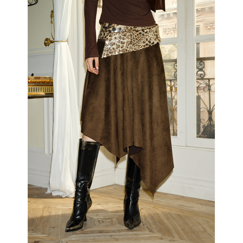J Thechosen "Liji" Irregular Brown Suede Skirt with Sequin Leopard Print Belt