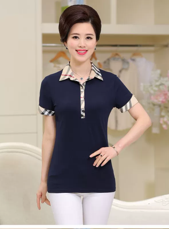 Giải phóng mặt bằng cho phụ nữ trung niên mùa hè Áo thun ngắn tay cho phụ nữ trung niên kẻ sọc cotton cổ áo ngắn - Quần áo của mẹ