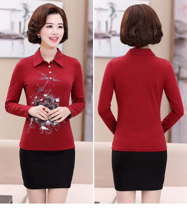 Giải phóng mặt bằng giá phụ nữ trung niên dài tay T-Shirt cotton in thời trang ve áo áo sơ mi kích thước lớn mẹ đáy áo sơ mi ao dam trung nien