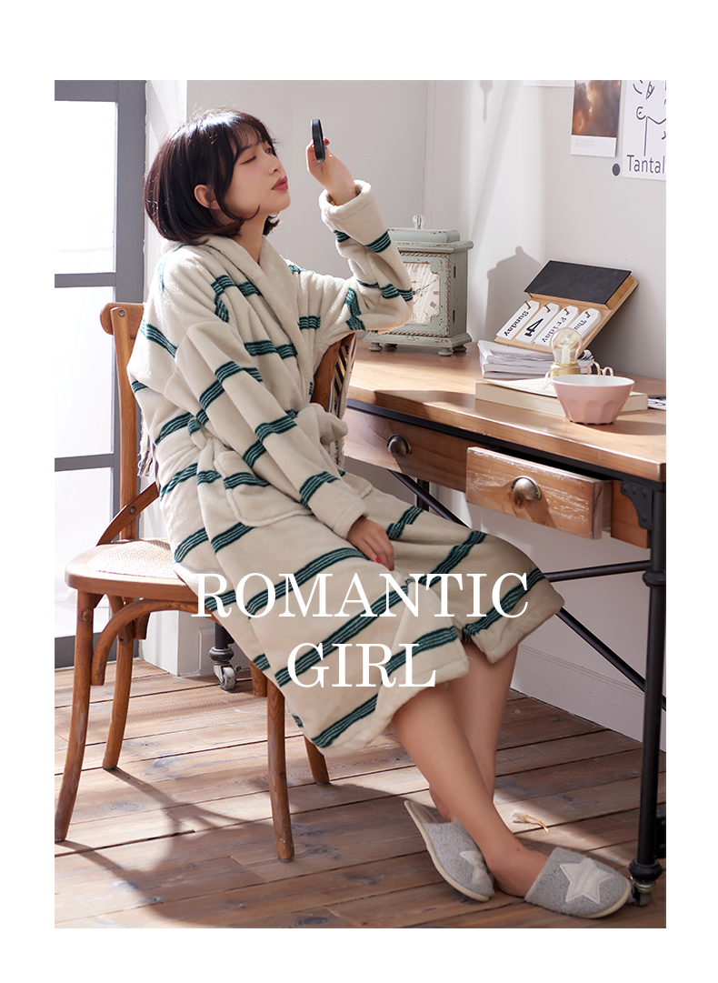 Tuyết mùa thu và mùa đông san hô lông cừu vài bộ đồ ngủ phụ nữ gợi cảm áo ngủ đơn giản nam sọc flannel áo choàng tắm dài tay bộ pijama