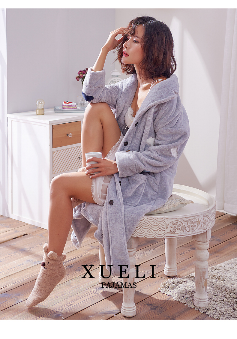 Mùa thu tuyết và mùa đông mỏng san hô lông cừu phụ nữ đồ ngủ Hàn Quốc áo len nữ flannel áo choàng ấm dài áo choàng tắm shop do ngu 