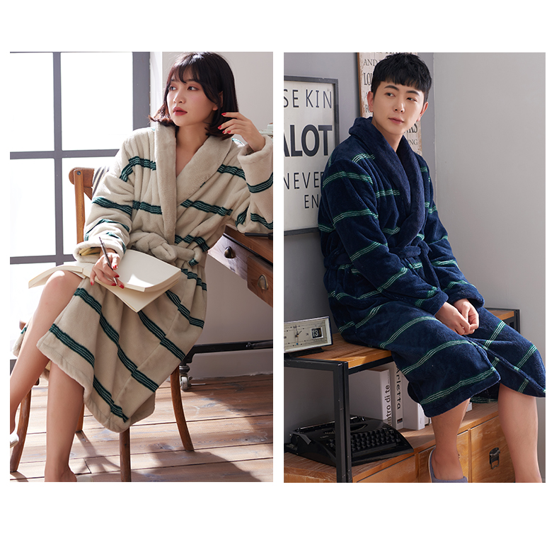 Tuyết mùa thu và mùa đông san hô lông cừu vài bộ đồ ngủ phụ nữ áo ngủ nam sọc flannel áo choàng tắm dày áo choàng đồ ngủ trẻ em