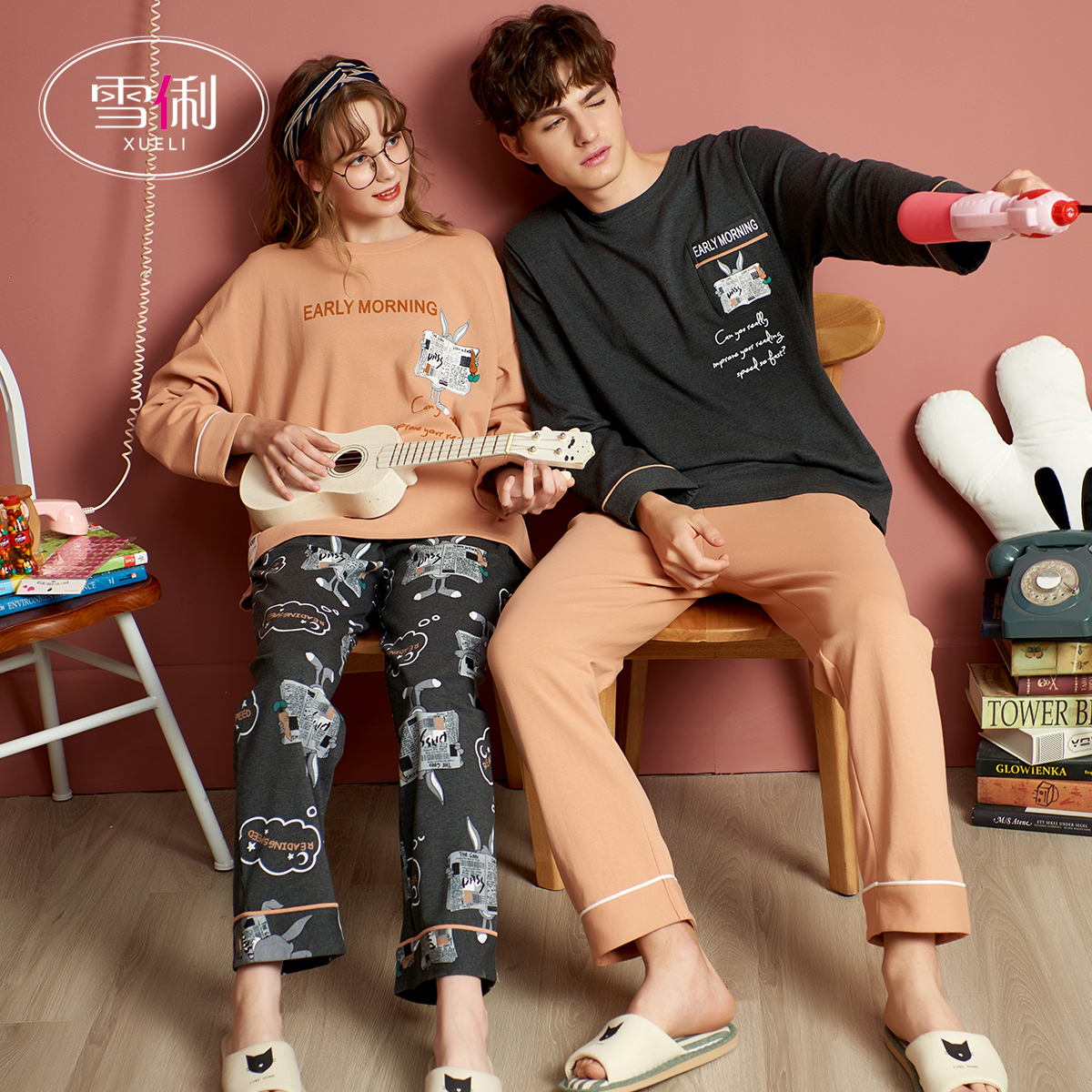 Snow Li homewear autumn set pajamas men spring and autumn thick cotton long sleeves plus size couples wear women's round neck