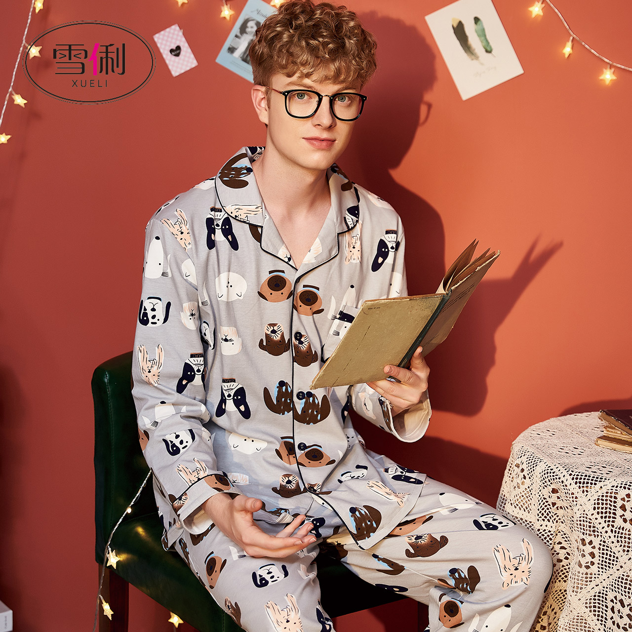 Snow Li pajamas men's long sleeves cotton autumn/winter men's pajamas cotton youth thick spring and autumn homewear set