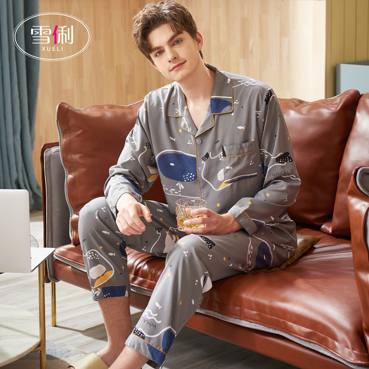 Snow Li pajamas men spring long sleeves imitation silk thin casual men's new ice silk plus size homewear set