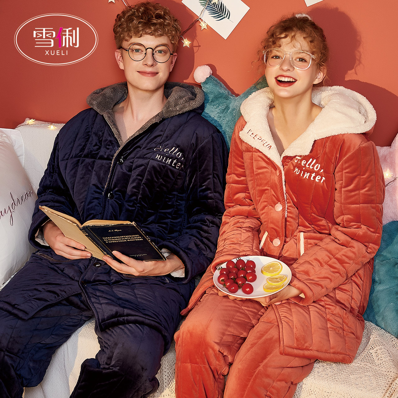 Snow coral fleece paddle pajamas women winter plus plus thick warm couple home wear flannel men's set