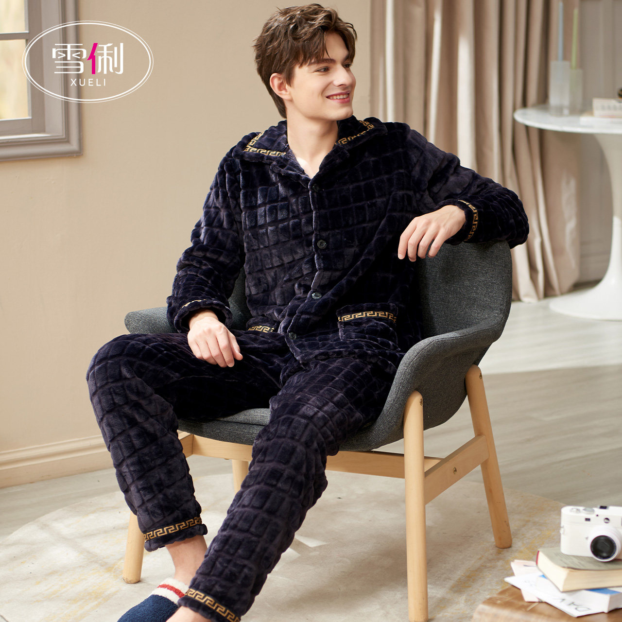 Snow Li pajamas men autumn winter coral fleece thick flange home wear new products simple 2021 set