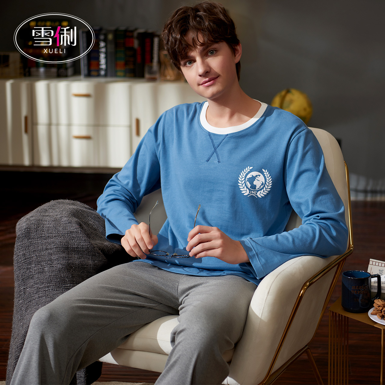 Snow Li pajamas men's spring and autumn cotton long sleeves plus size medium thick casual can be worn outside the cotton loungewear set
