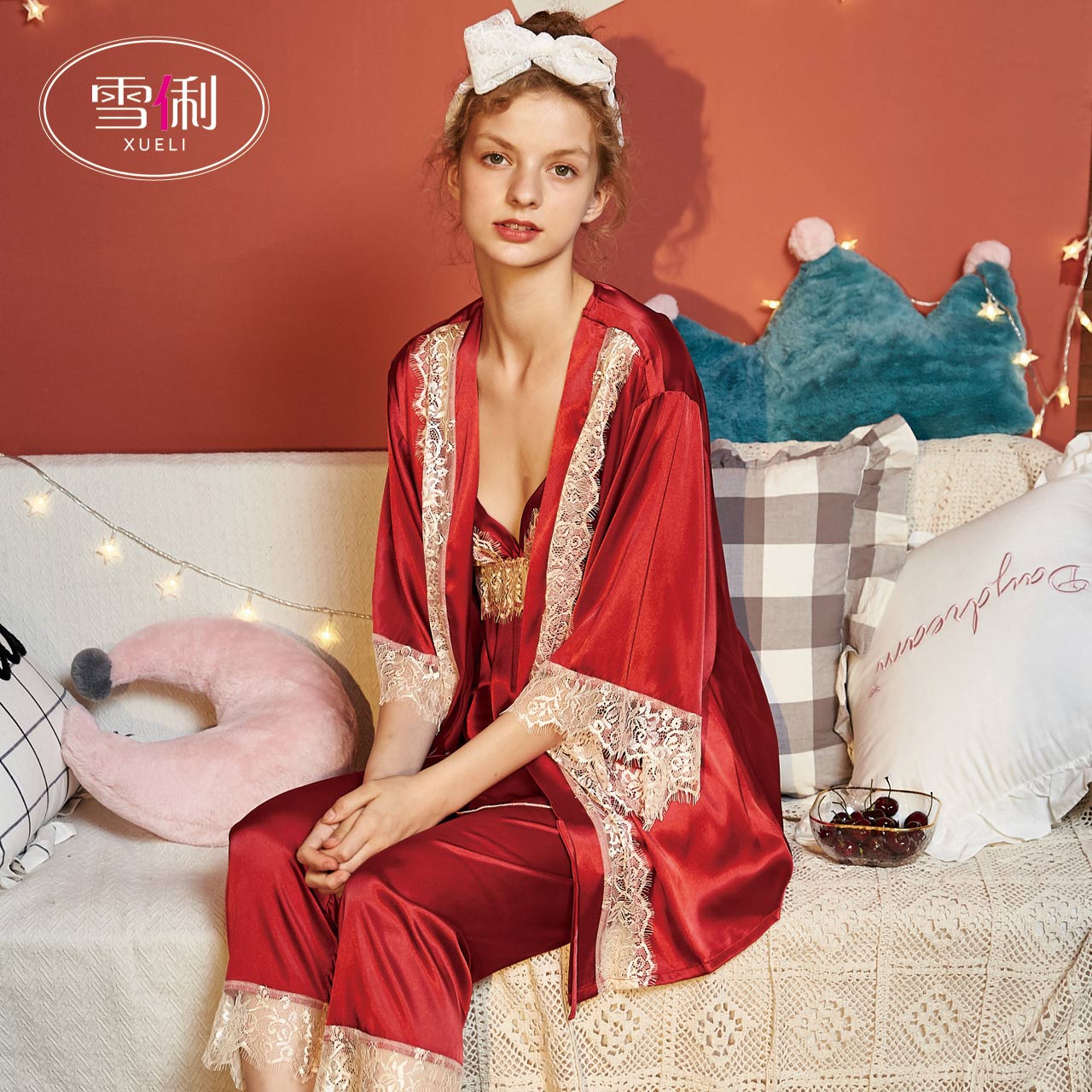 Snow Li Nightgown Lady Spring Fall Summer Ice Wire Thin Sleevens Home Sexy Simulation Three Pieces of Sleeping Silk