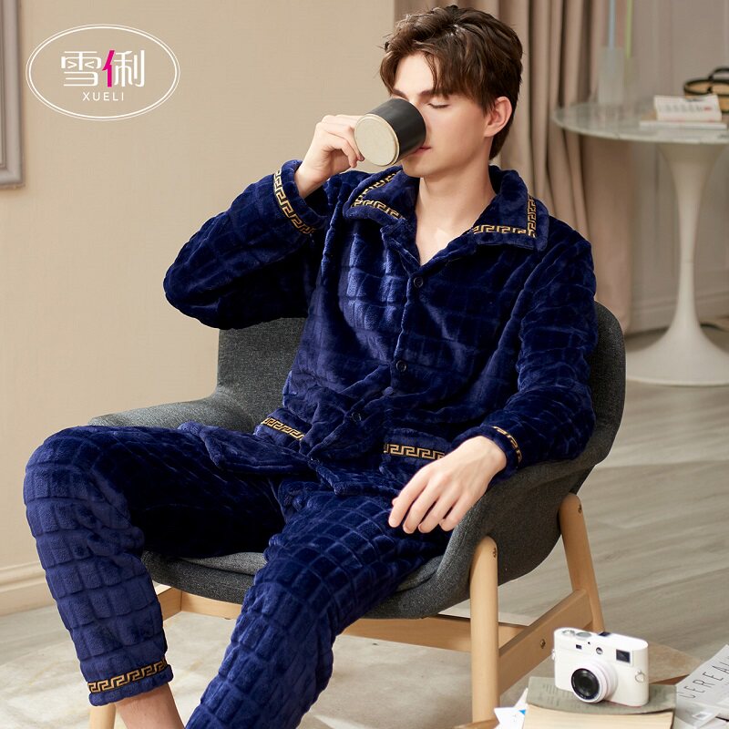 Snow Li pajamas men's winter coral velvet thickened boys spring and autumn winter men's flannel homewear winter set