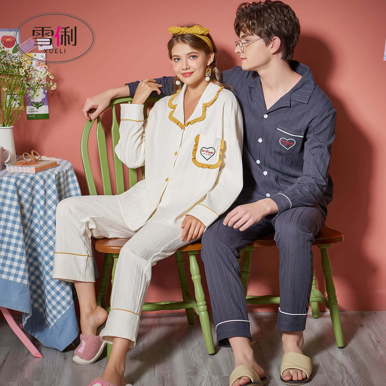 Snow Li couple pajamas women long sleeves cotton spring and autumn men's home wear set summer home wear 2022 new model