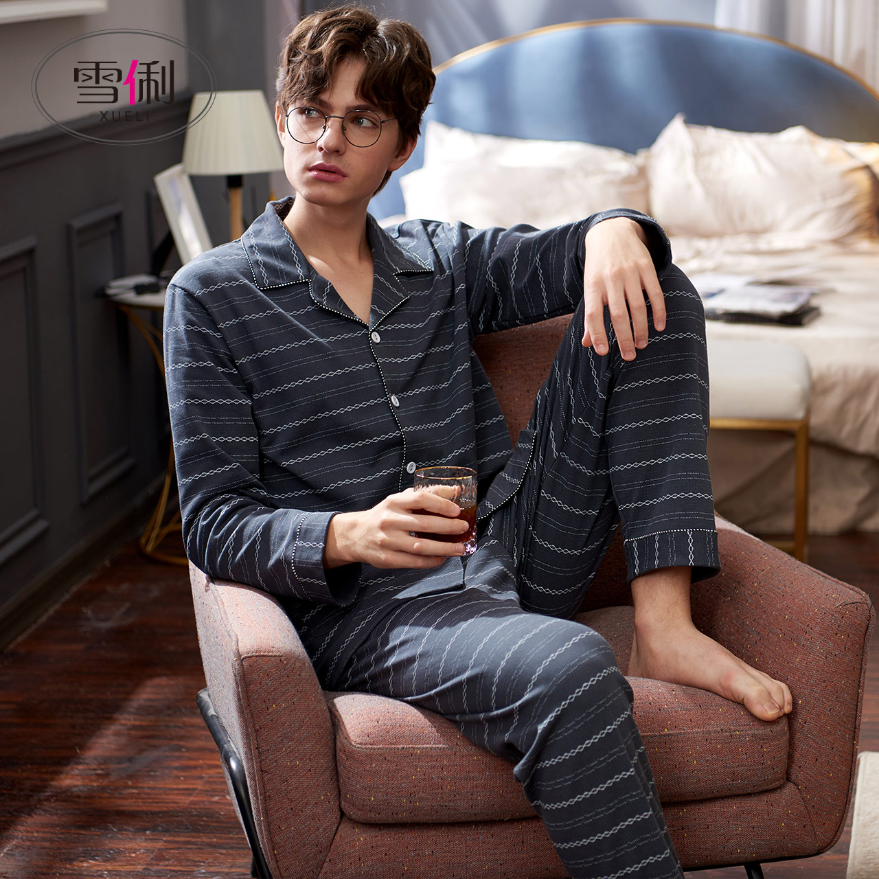 Snow Li pajamas men's spring and autumn cotton long sleeve trousers men's plus size set thick cotton loungewear