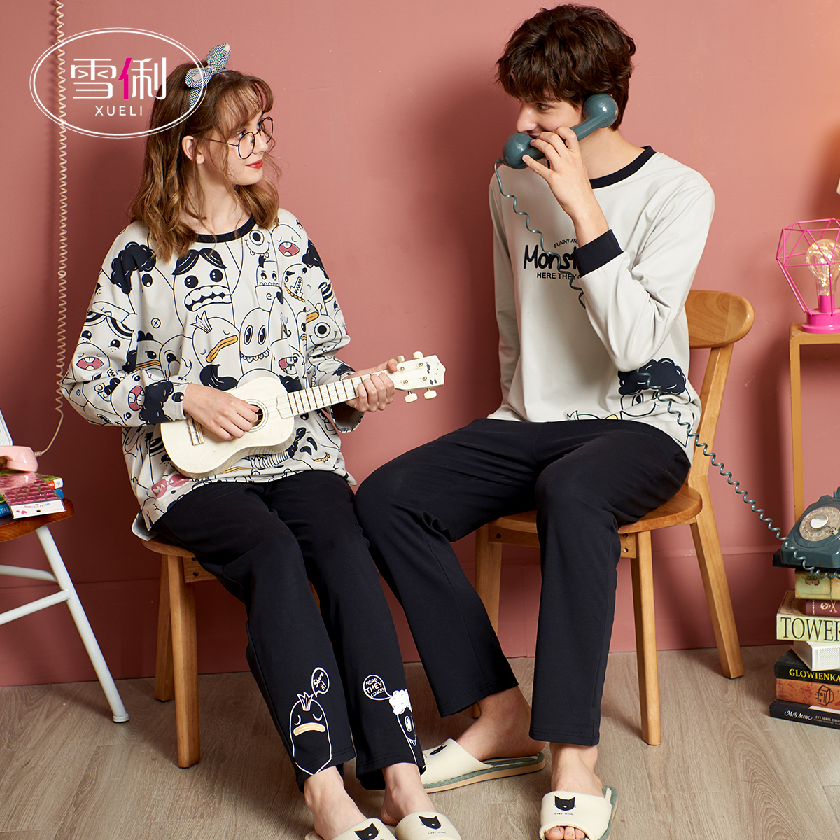 Snow Li pajamas men spring and autumn cotton long sleeves large size medium thick couples wear round neck ladies loungewear suit