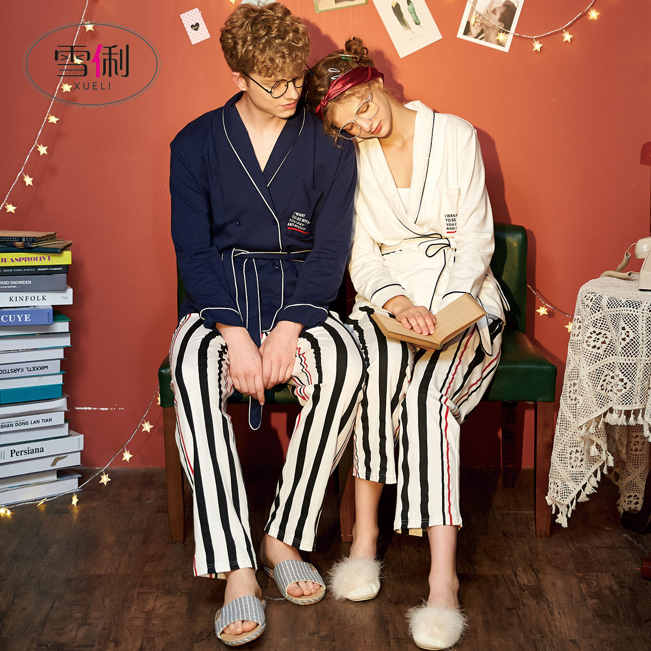 Snow li cotton couple pajamas long sleeves spring and autumn style women's Japanese home wear men's cotton kimono can be worn outside set