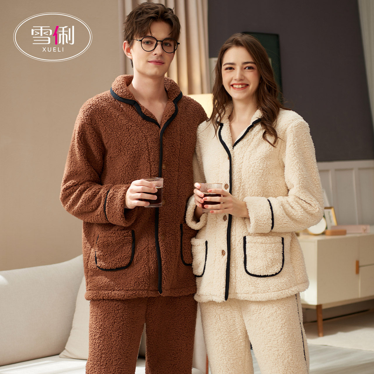 Snow Li couple pajamas men's autumn winter coral fleece thickened plus flannel home clothes women's set