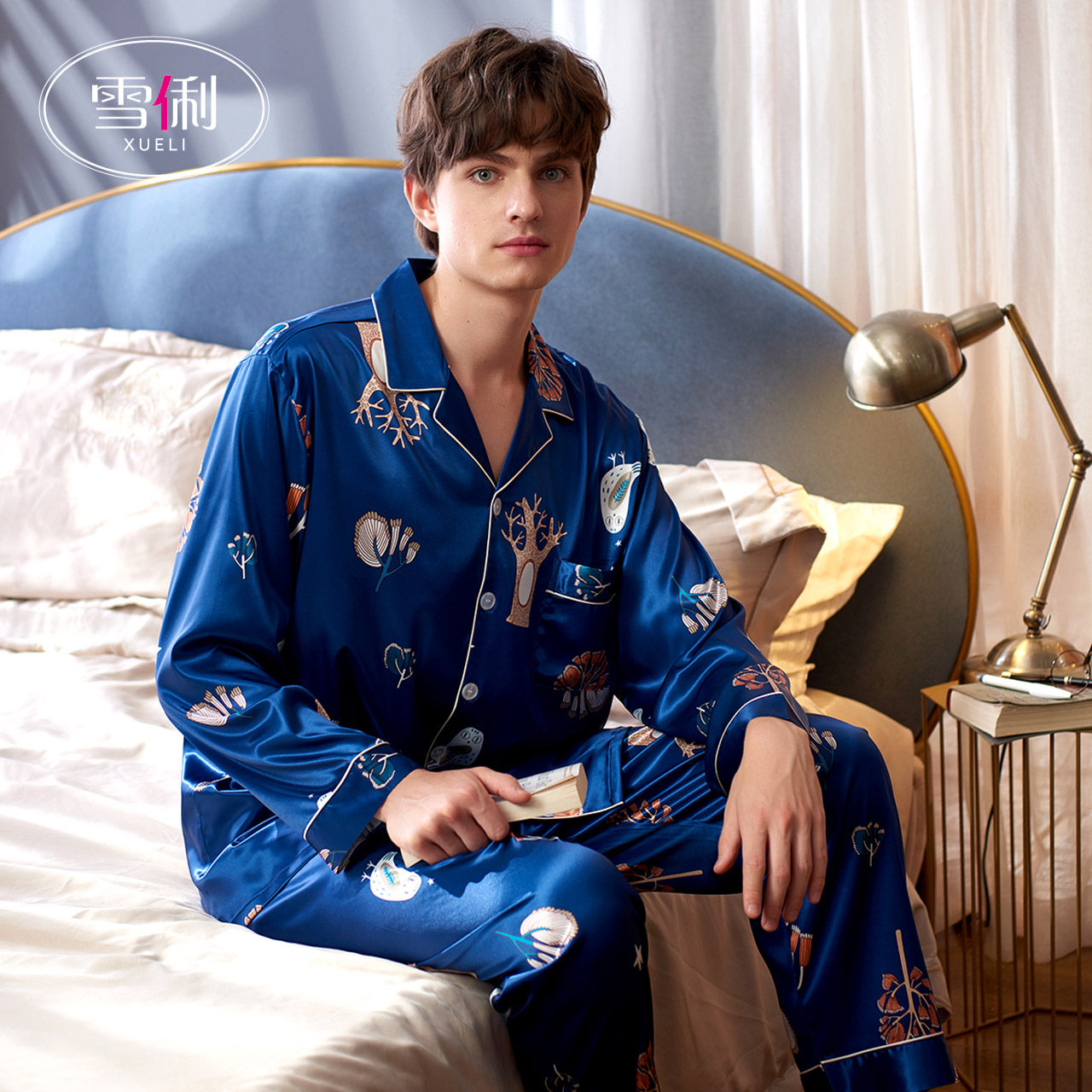 Xueli 2022 new pajamas men's long-sleeved spring and autumn ice silk home wear set simulation silk can be worn oversized