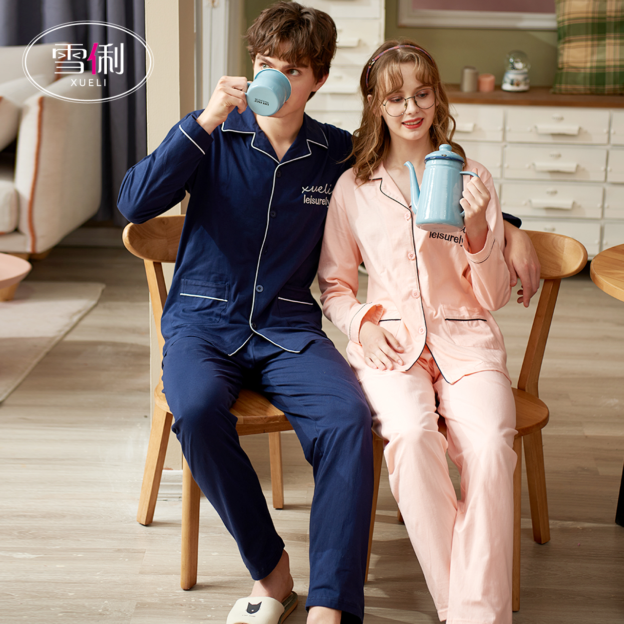 Snow Li pajamas couple men's spring and autumn long sleeves long pants cotton home clothes autumn and winter large size two-piece set ladies medium thick