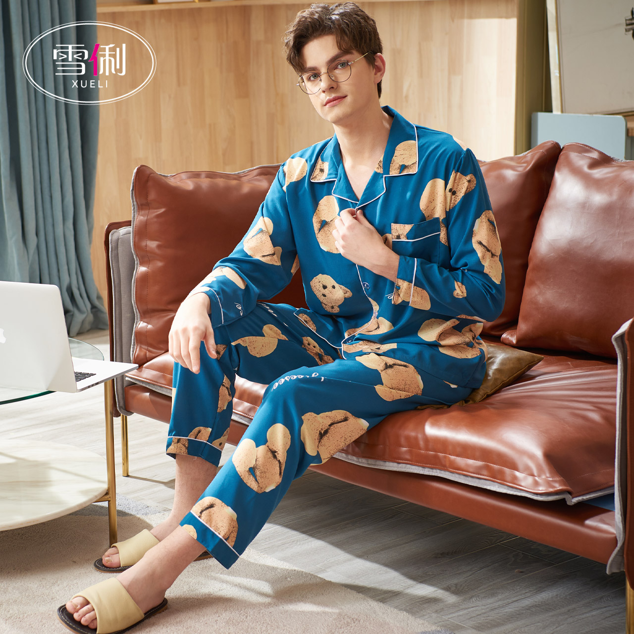 Snow Li men's pajamas spring size thin ice silk long sleeve cartoon men's summer imitation silk home wear set