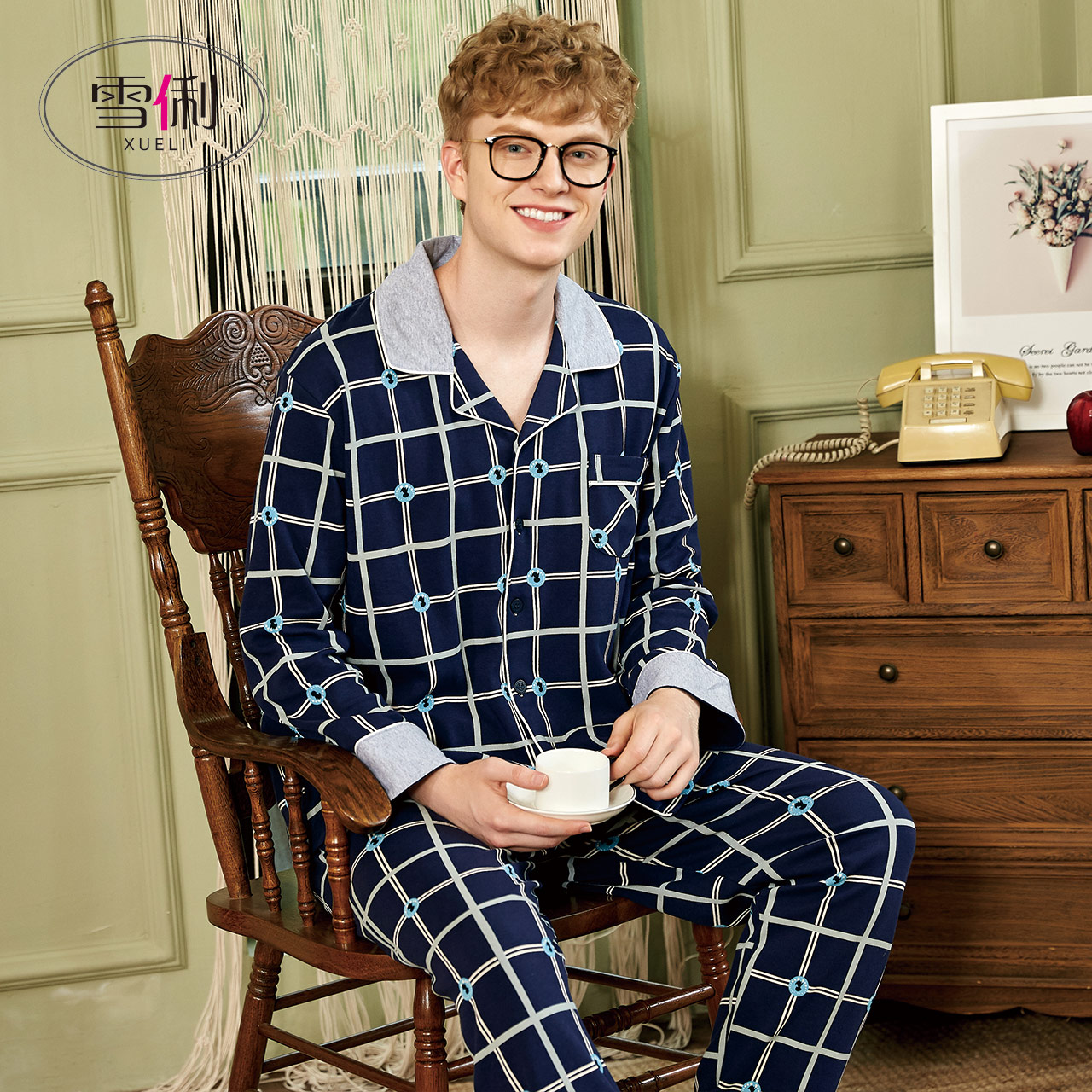 Snow Li pajamas men's spring and autumn cotton long sleeve men's home clothes cotton youth thick autumn and winter plus size set