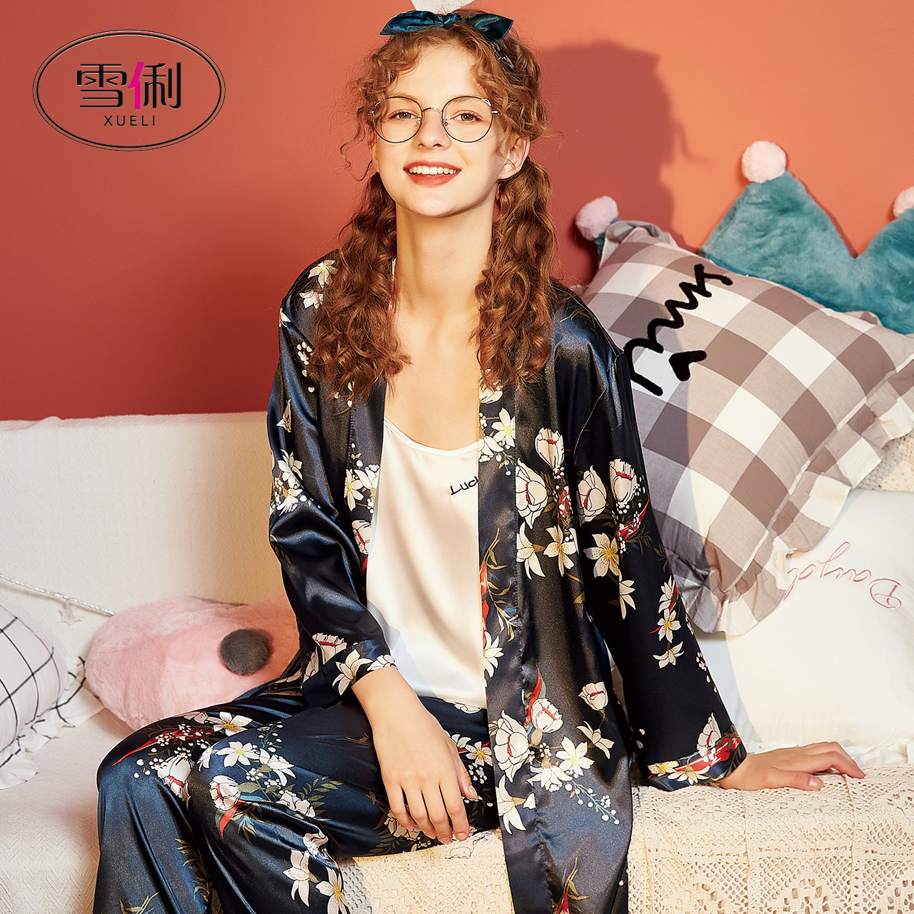 Snowy Sleepwear Woman Spring Autumn Summer Ice Silk Thin length sleeves Home Clothing Sexy Emulated Silk Big Size Three Suits