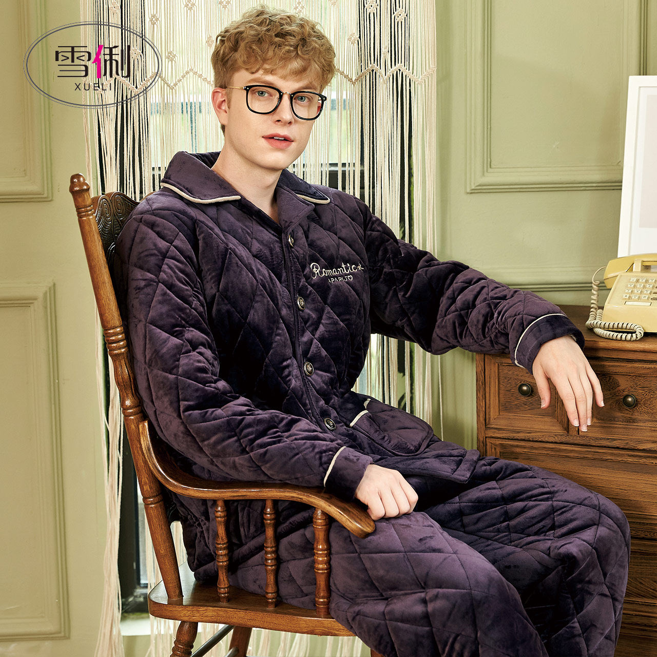 Snow Li men's pajamas autumn winter coral velvet three-layer cotton pajamas winter thickened plus flannel homewear men