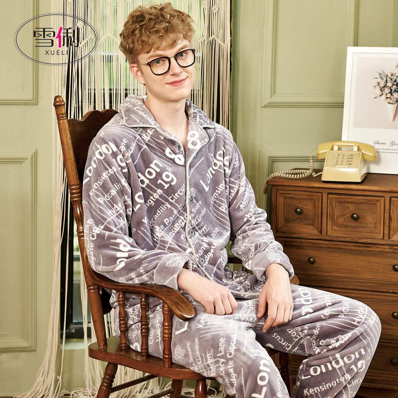 Snow coral fleece pajamas men autumn and winter thickened flannel home clothes leisure warm home wear winter set